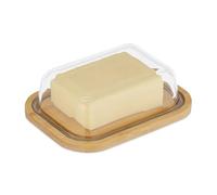 Relaxdays Mantequeras con Tapa Cristal, Mantequillera Bambú, Bloques Mantequilla 250g, 5,5x19x14cm, Natural/Transparente