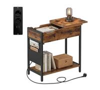 Relaxdays Mesa Auxiliar con enchufes y USB, Bolsillo Lateral, Negro/marrón | 60x60x31,5 cm, mesita de noche industrial