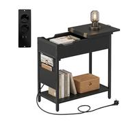 Relaxdays Mesa Auxiliar con Enchufes y USB, Negra | Dimensiones 60 x 60 x 31,5 cm, incluye bolsillo lateral, perfecta como mesita de noche
