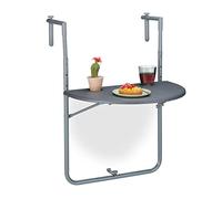 Relaxdays Mesa Colgante Balcón, Plegable, 59,5x63cm, 3 Alturas Regulables, 2 Posavasos, Mesita Barandilla Exterior, Gris