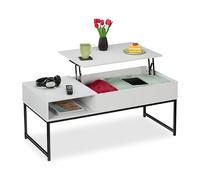 Relaxdays Mesa de Centro Abatible, Mesita Baja, 45x110x50 cm, Compartimento Lateral y de Almacenamiento, Metal, Blanco
