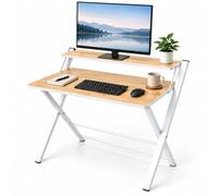 Relaxdays Mesa de Escritorio Plegable con Elevador de Monitor, Blanco | Mesa para Ordenador, Madera de Roble Claro y Metal, 82 x 70 x 56 cm