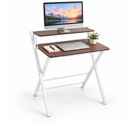 Relaxdays Mesa de Escritorio Plegable, Marrón y Blanco | Mesa para Ordenador con Elevador de Monitor, para Teletrabajo, Madera y Metal, 82 x 70 x 56 cm