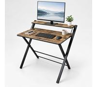 Relaxdays Mesa de Escritorio Plegable, Marrón y Negro | Mesa con Elevador de Monitor, para Ordenador y Teletrabajo, Madera y Metal, 82 x 70 x 56 cm
