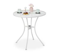 Relaxdays Mesa Jardín, Agujero para Sombrilla, Diseño Rejilla, Acero Resistente, 72x70 cm, Mesita Balcón Redonda, Blanco