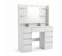 Relaxdays, mesa de maquillaje con espejo LED y superficie superior, mesa de tocador, 9 cajones, dimensiones: 144x107x40 cm, mesa de cosméticos, color blanco