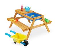 Relaxdays Mesa de pícnic infantil con cocina azul,marrón claro