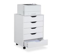 Relaxdays Mesa Impresora, 5 Cajones, 66,5x48x39,5 cm, Cajonera Oficina con Ruedas, Mueble Archivador Despacho, Blanco