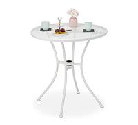 Relaxdays Mesa Jardín, Agujero para Sombrilla, Diseño Rejilla, Acero Resistente, 72x70 cm, Mesita Balcón Redonda, Blanco