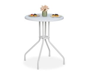 Relaxdays Mesa Jardín Efecto Ratán, Redonda, 73 x 60 cm, Mesita de Balcón, Terraza o Exterior, Plástico y Acero, Blanco