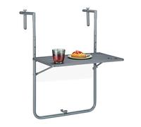 Relaxdays Mesa Plegable Balcón, 3 Alturas, 59,5x60 cm, Mesita Colgante con 2 Posavasos, Mueble Exterior Barandilla, Gris