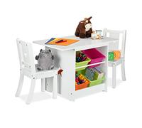 Relaxdays Mesa y 2 Sillas Infantiles con Cajas de Almacenamiento, Unisex, Mobiliario de Niños para Dormitorio, Blanco