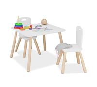 Relaxdays Mesa y 2 Sillas Infantiles, Conjunto Mobiliario Niños 3 Piezas, Set Muebles Dormitorio, Blanco y Natural