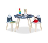 Relaxdays Set mesa y 2 sillas infantiles espacio blanco,azul oscuro,marrón claro