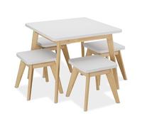 Relaxdays Mesa y 4 Taburetes Infantiles, Conjunto Mobiliario Niños 5 Piezas, Set Muebles Dormitorio, Blanco y Natural