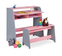 Relaxdays Mesa y Banco Infantil, 2 Compartimentos, Escritorio Regulable en Altura Niños, 88 x 90 x 48 cm, Rosa/Gris