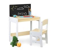 Relaxdays Mesa y Silla Infantil con Pizarra, Muebles para Niños, Unisex, para Pintar y Hacer Manualidades, Blanco/Beige