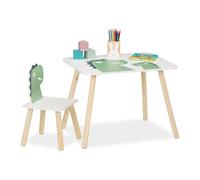 Relaxdays Mesa y Silla Infantil, Diseño de Dinosaurio, Mobiliario Niños y Niñas, Set 2 Muebles Dormitorio, Blanco/Verde