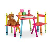 Relaxdays Mesa y Sillas Infantiles Crayones, 2 Asientos, Muebles Niños, MDF y Madera, Minimesa y Minisillas, Multicolor