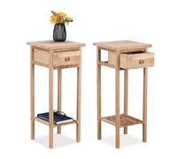 Relaxdays Mesas Auxiliares Estrechas, Set de 2, Mesitas Teléfono Madera, 60x25x25 cm, con Cajón, Pasillo, Salón, Natural
