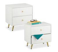 Relaxdays Mesita de Noche, 2 Uds., 2 Cajones, 41,5x40x32,5 cm, Dormitorio, Mesilla Cabecera Metal y MDF, Blanco/Dorado