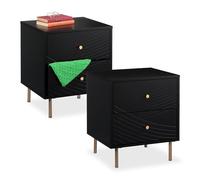 Relaxdays Mesita de Noche con 2 Cajones, Set de 2, Mesilla Dormitorio, Mesa Auxiliar Cama, 52 x 45 x 40 cm, Negro/Dorado