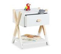 Relaxdays Mesita de Noche Infantil, con Cajón, 42x34x32 cm, Mueble Niños, Patas Cruzadas, Madera y MDF, Blanco y Natural