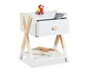 Relaxdays Mesita de Noche Infantil, con Cajón, 42x34x32 cm, Mueble Niños, Patas Cruzadas, Madera y MDF, Blanco y Natural