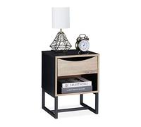Relaxdays Mesita Noche con Cajón, 50 x 39 x 35 cm, Mesa Cama Auxiliar, Metal, Efecto Madera, Salón, Dormitorio, Negro