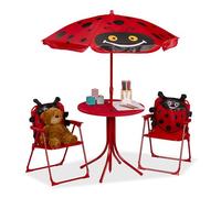 Relaxdays Mobiliario Infantil Jardín, Estampado Mariquita, Sombrilla de Playa, Sillas Plegables, Mesa para Niños, Rojo