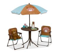 Relaxdays Mobiliario Infantil Jardín, Estampado Oso Pardo, Sombrilla de Playa, Sillas Plegables, Mesa para Niños, Marrón