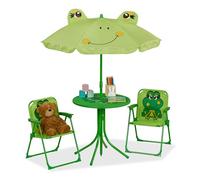 Relaxdays Mobiliario Infantil para Jardín, Rana, Sombrilla de Playa, Sillas Plegables, Mesa para Niños, Camping, Verde
