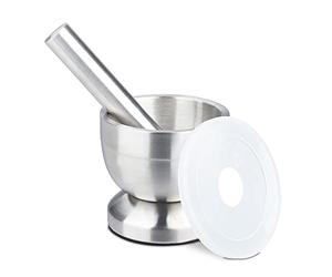 Relaxdays Mortero Cocina con Maja, Acero Inoxidable, Tapa, Especias, Base Antideslizante, Diámetro 10 cm, 200 ml, Gris