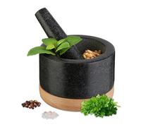 Relaxdays Mortero con Mano, Base de Madera, Granito, 8,5 x 14 cm, Molcajete de Piedra, Especias y Hierbas, Natural/Negro