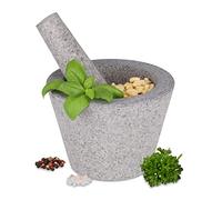 Relaxdays Mortero con Mano, Granito, Molcajete Redondo Piedra, 10 x 14 cm, Moledor Pesado, Especias y Hierbas, Gris