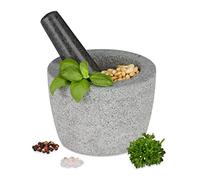 Relaxdays Mortero con Mano, Granito, Molcajete Redondo Piedra, 10 x 14 cm, Moledor Pesado, Especias y Hierbas, Gris