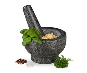 Relaxdays Mortero Granito, Maja, Robusto y Duradero, Especias, Hierbas, Triturador Piedra, Diámetro 13 cm, 250 ml, Gris