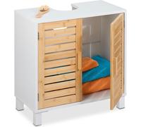 Relaxdays: Mueble bajo lavabo con 2 puertas, dimensiones: 60x60x32 cm, material: bambú y MDF, mueble para baño debajo del lavabo, color blanco/natural