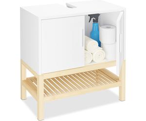 Relaxdays, mueble bajo lavabo con espacio de almacenamiento, dimensiones: 60,5 x 60 x 33 cm, bambú y MDF, mueble de baño para lavabo, blanco/natural