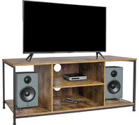 Relaxdays, mueble de TV, 4 compartimentos, abiertos, estante para TV hasta 55 pulgadas, con orificio para cables, estilo industrial, mesa de televisión, color marrón/