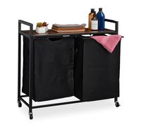 Relaxdays Mueble para Ropa Sucia, 2 Cestos Extraíbles, Estantería Colada con Ruedas, Diseño Industrial, Negro y Marrón