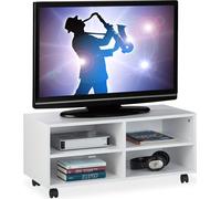 Relaxdays, mueble para televisión con 4 compartimentos, con ruedas, para CDs, DVDs y consolas, mesa auxiliar para el salón, dimensiones 35x80x35 cm, color blanco