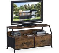 Relaxdays, mueble para televisión de estilo industrial, dimensiones (alto x ancho x profundidad): 48,5 x 93 x 41,5 cm, metal con apariencia de madera, 2 cajones, mesa de televisión, color marrón/