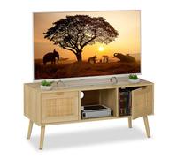 Relaxdays Mueble TV, Efecto Ratán, Mesa para Televisor hasta 43", Lowboard, 45,5 x 100 x 40 cm, Cómoda Tele, Natural