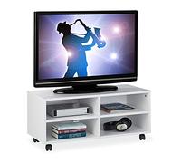 Relaxdays Mueble TV Ruedas con 4 Compartimentos, Mesa Televisión Salón, Tablero de Partículas, 35 x 80 x 35 cm, Blanco