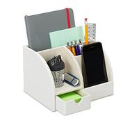 Relaxdays Organizador de Escritorio, con cajón, Cuatro Compartimentos, Lapicero, 13x19x15 cm, 1 Ud., Blanco
