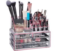 Relaxdays, organizador de maquillaje de acrílico, juego de 2 piezas para guardar maquillaje, con soporte para labiales y 4 cajones, transparente/rosa