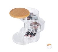 Relaxdays Organizador de Maquillaje, Redondo, 3 Compartimientos Giratorios, Joyero, Plástico, Bambú, Transparente