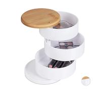 Relaxdays Organizador de Maquillaje, Redondo, 3 Compartimientos Giratorios, para Cosméticos, Plástico, Bambú, Blanco