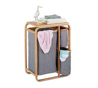 Relaxdays Organizador de Ropa Sucia, Estante Baño con 3 Cestos para la Colada, Bambú, 70 x 49 x 33,5 cm, Natural y Gris